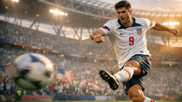 USA soccer player scoring dramatic goal at 2026 World Cup in packed stadium
