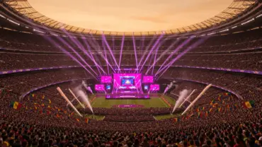 Packed World Cup stadium during opening ceremony with dramatic stage lighting and thousands of fans