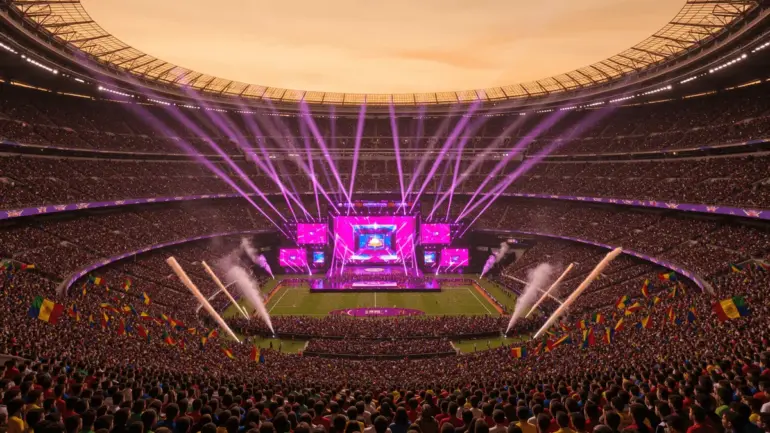 Packed World Cup stadium during opening ceremony with dramatic stage lighting and thousands of fans