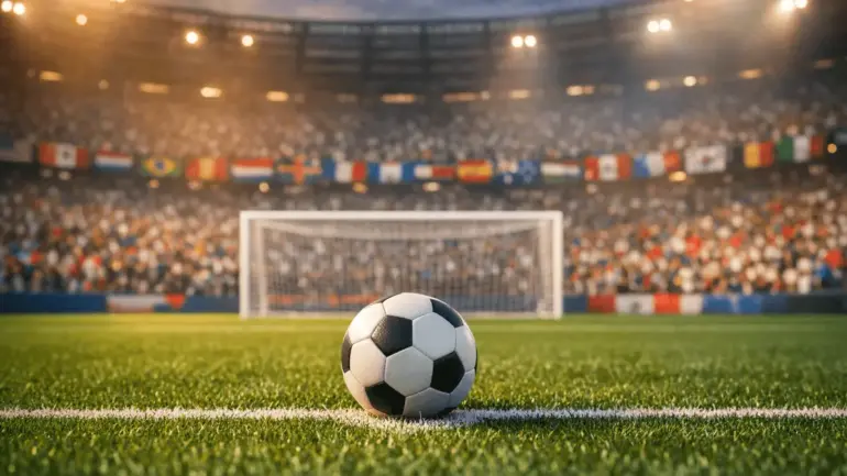 Soccer ball at penalty spot with goal and World Cup stadium crowd in background