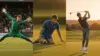 Soccer goalkeepers making saves and golfer hitting iron shot in three-part sports action composition