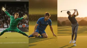 Soccer goalkeepers making saves and golfer hitting iron shot in three-part sports action composition