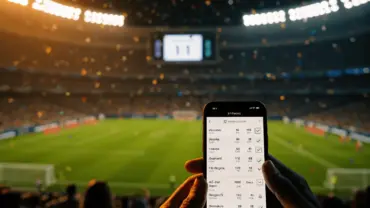 World Cup stadium scene with betting slip on smartphone during tense match moment