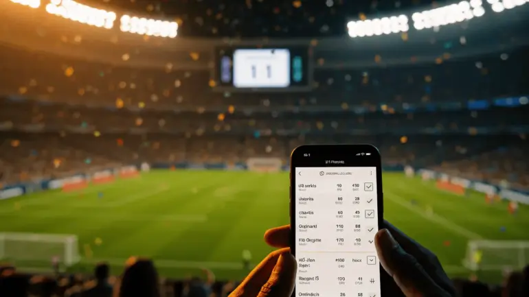 World Cup stadium scene with betting slip on smartphone during tense match moment