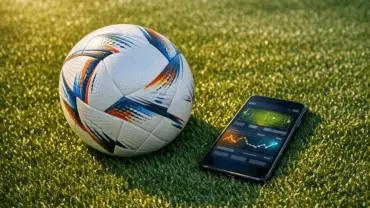 Soccer ball and smartphone with betting app on stadium turf under stadium lights