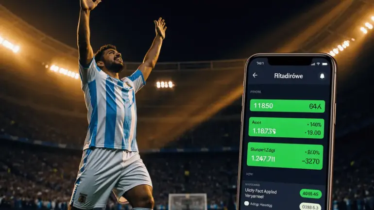 Soccer player in Argentina jersey celebrating goal with sports betting app in foreground at stadium