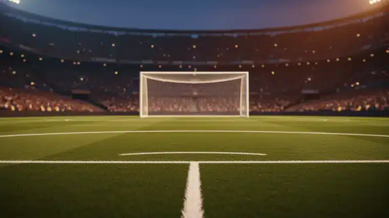 Dramatic view of soccer penalty spot and goal in packed stadium with atmospheric lighting
