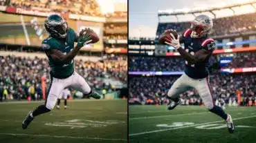 NFL wide receiver in Eagles and Patriots jerseys representing potential trade between teams
