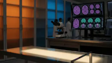 Neuropathology laboratory with brain imaging screens and medical research equipment in ambient lighting