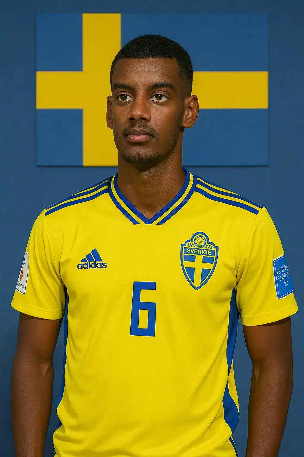 Alexander Isak in Sweden national football team jersey with flag backdrop.