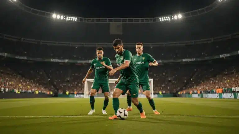 Soccer players in green jerseys competing for the ball under stadium lights during intense match action
