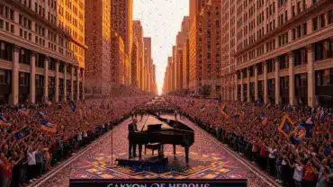 New York City championship parade on Broadway with confetti, crowd, and performance stage