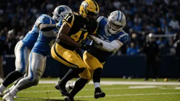 Saints running back evading Panthers defenders in intense NFL divisional matchup