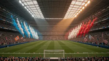 AT&T Stadium interior during World Cup match with massive crowd and dramatic lighting