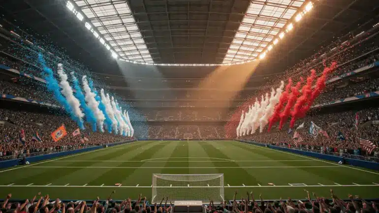 AT&T Stadium interior during World Cup match with massive crowd and dramatic lighting
