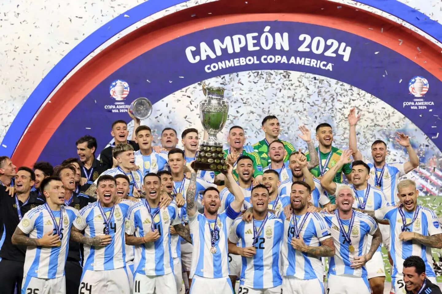 Argentina national football team celebrating with the Copa America trophy in 2024.
