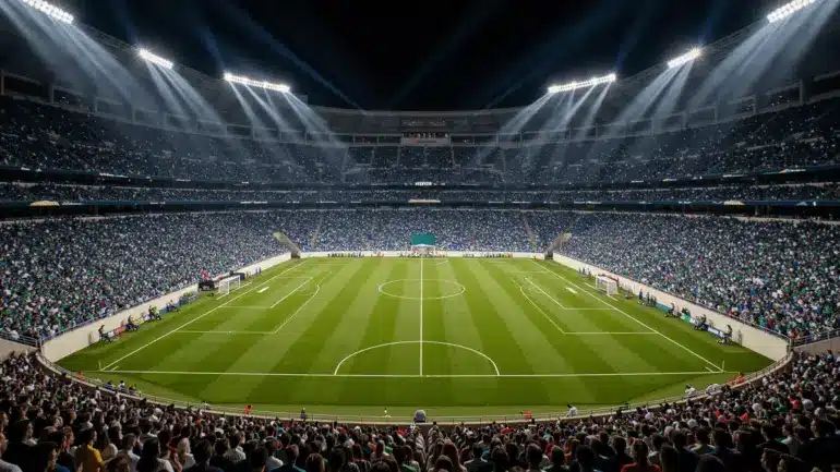 Packed stadium under floodlights before Argentina vs Algeria 2026 World Cup match at Arrowhead Stadium
