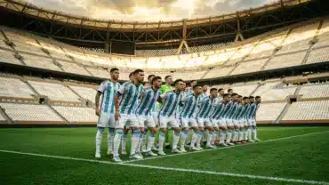 Argentina national football team in blue and white jerseys standing confidently in stadium before 2026 World Cup