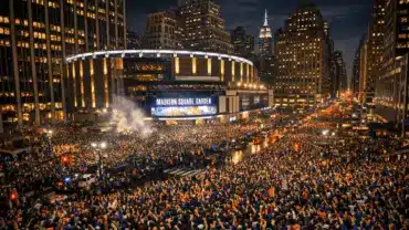 Massive crowds celebrating outside Madison Square Garden during Knicks NBA Finals game night in New York City