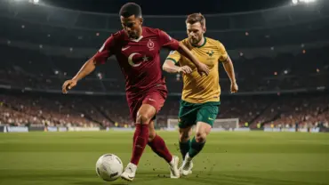 Turkey and Australia players competing for ball during World Cup qualifier match under stadium lights