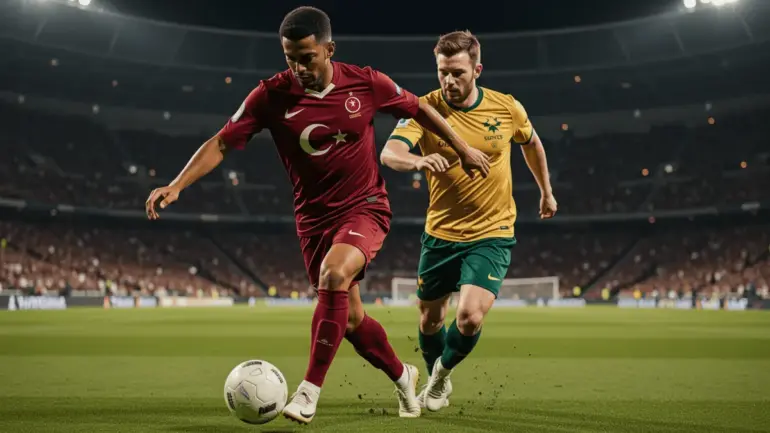 Turkey and Australia players competing for ball during World Cup qualifier match under stadium lights