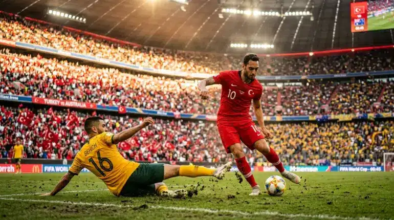 Turkey and Australia players in intense action during World Cup 2026 football match