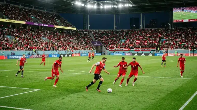 Austria vs Jordan World Cup 2026 match action with players competing on stadium pitch