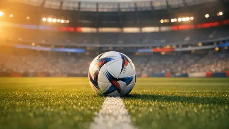 Soccer ball on stadium pitch at golden hour representing 2026 World Cup predictions