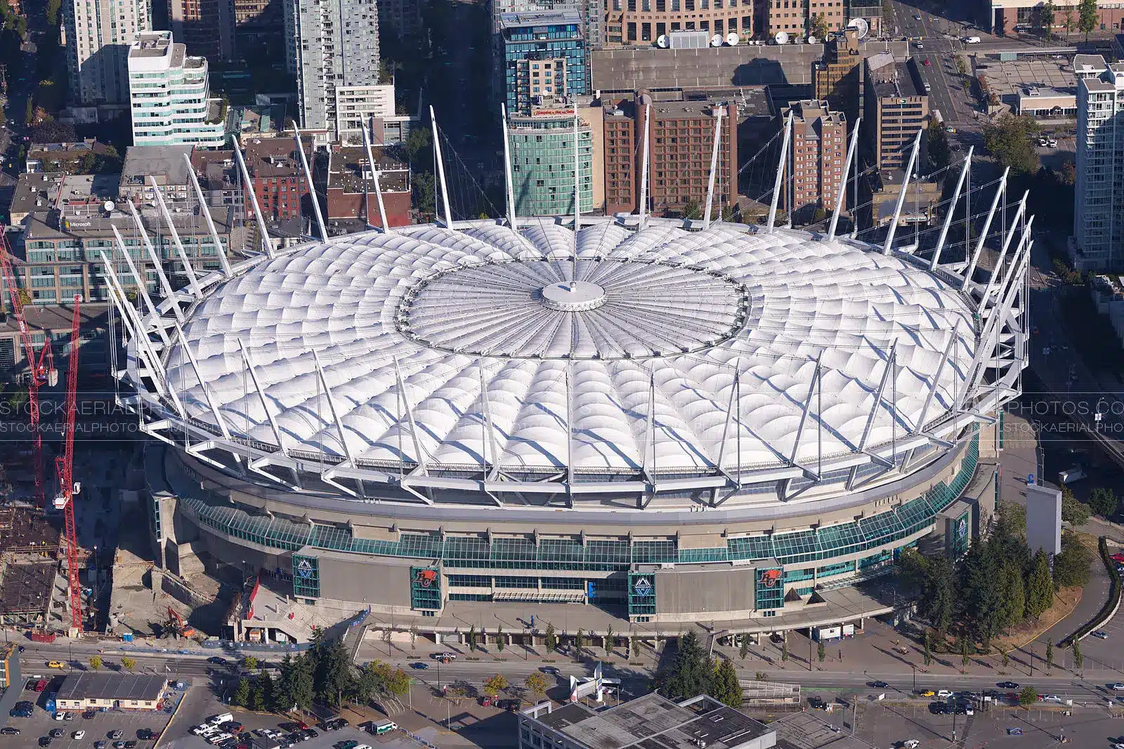 Aerial view of BC Place Stadium in Vancouver with modern architecture.