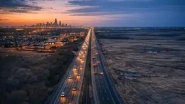 Aerial view of Illinois-Indiana border with Chicago skyline showing Bears stadium location decision