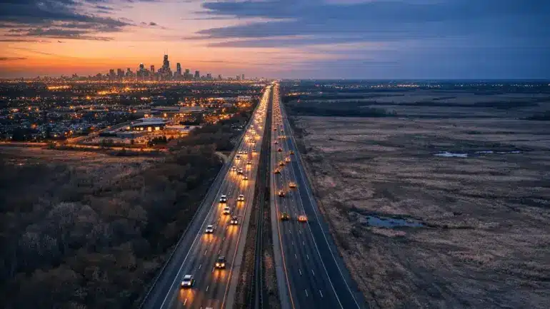 Aerial view of Illinois-Indiana border with Chicago skyline showing Bears stadium location decision