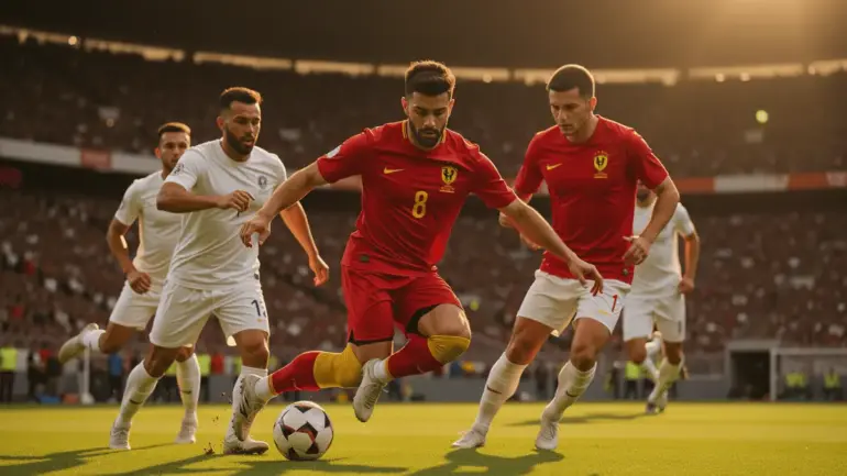 Belgian soccer players attacking against Iran in World Cup match at stadium