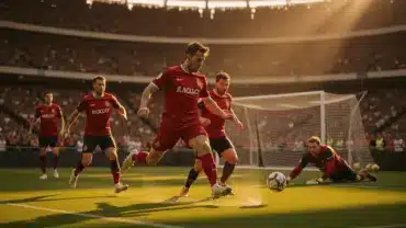 Belgium vs Iran World Cup match action with striker attacking goal in packed stadium
