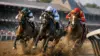 Thoroughbred horses racing at Saratoga Race Course during the Belmont Stakes