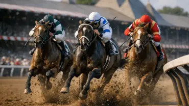 Thoroughbred horses racing at Saratoga Race Course during the Belmont Stakes
