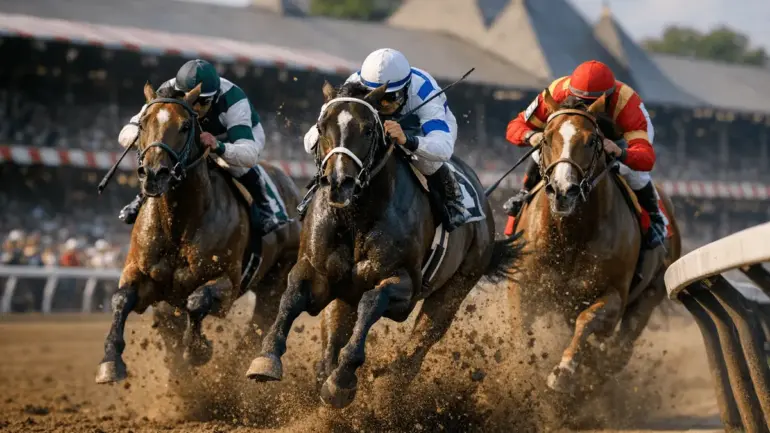 Thoroughbred horses racing at Saratoga Race Course during the Belmont Stakes