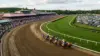 Aerial view of horses racing around the clubhouse turn at Saratoga Race Course during the Belmont Stakes