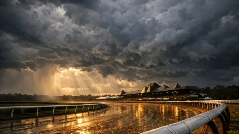 Saratoga Race Course dirt track under dramatic storm clouds with wet surface and moody lighting