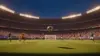 World Cup soccer match at packed stadium with ball in flight toward goal at golden hour