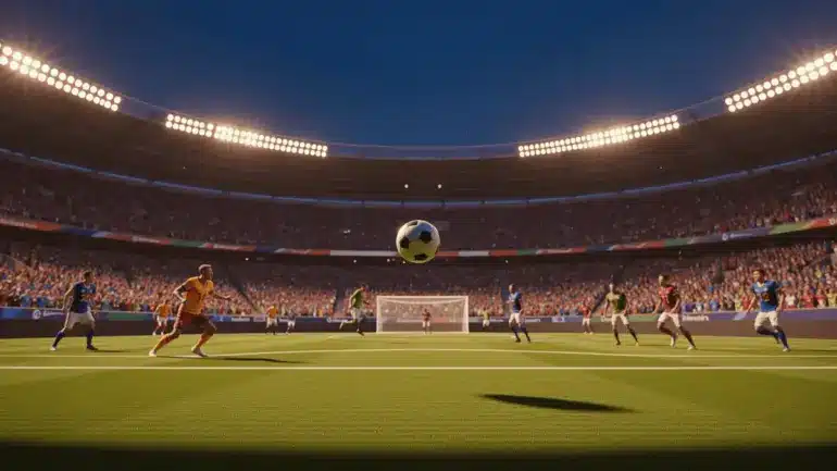 World Cup soccer match at packed stadium with ball in flight toward goal at golden hour