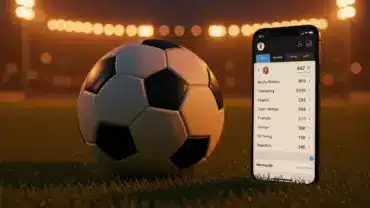Soccer ball and betting smartphone on stadium grass with floodlights at dusk