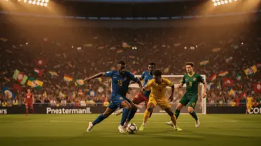 World Cup knockout round soccer match in packed stadium with dramatic action and intense competition