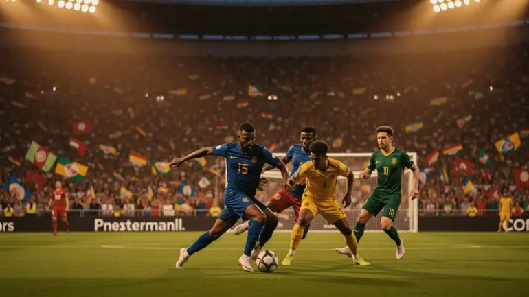 World Cup knockout round soccer match in packed stadium with dramatic action and intense competition