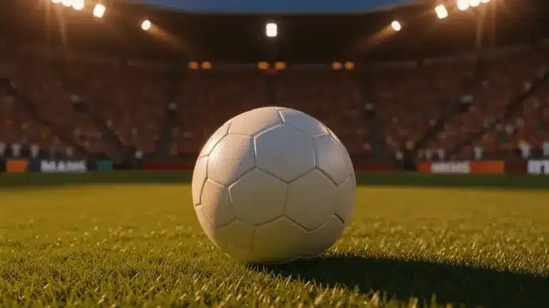 Soccer ball on stadium turf with dramatic lighting and crowd for World Cup 2026 betting coverage