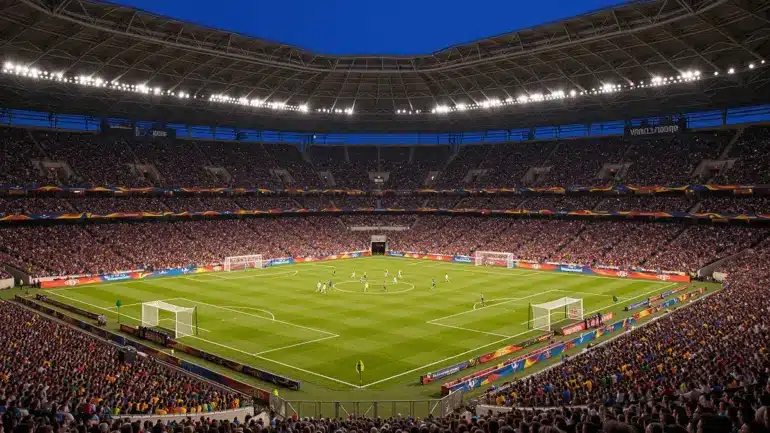 Packed World Cup stadium under floodlights during evening match with vibrant crowd and illuminated pitch