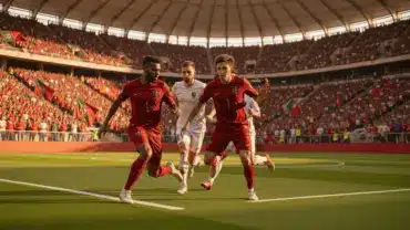 Portugal attacking during FIFA World Cup 2026 match in packed stadium with dramatic lighting
