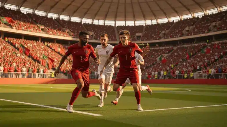 Portugal attacking during FIFA World Cup 2026 match in packed stadium with dramatic lighting
