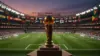 FIFA World Cup stadium with trophy and international flags during major tournament matchday