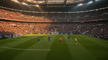 Packed World Cup soccer stadium during match with teams on field under dramatic lighting