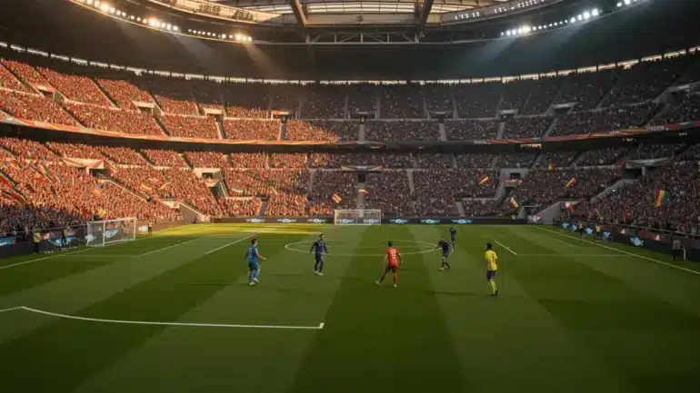 Packed World Cup soccer stadium during match with teams on field under dramatic lighting